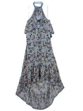 Floral High Low Halter Midi Dress Ruffle Lace Trim Coquette Wedding Party Size L